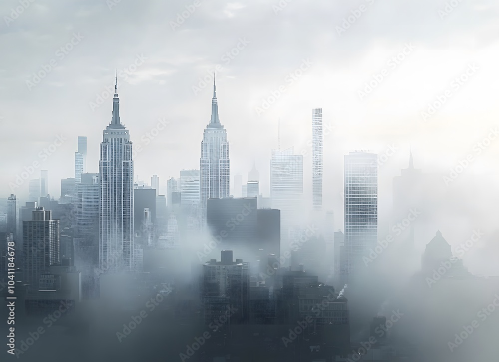 City skyline, buildings covered in fog, gray sky City skyline, buildings covered in fog, gray sky