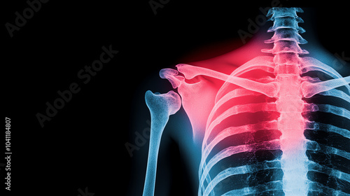 X-ray image of a shoulder depicting pain in the joint area, highlighting skeletal structure and anatomical details against a black background. photo