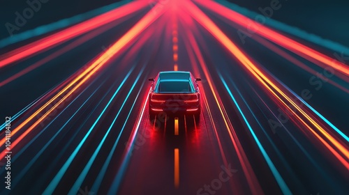 An AIpowered selfdriving car on a futuristic highway, with glowing paths indicating its route, symbolizing autonomous transportation photo