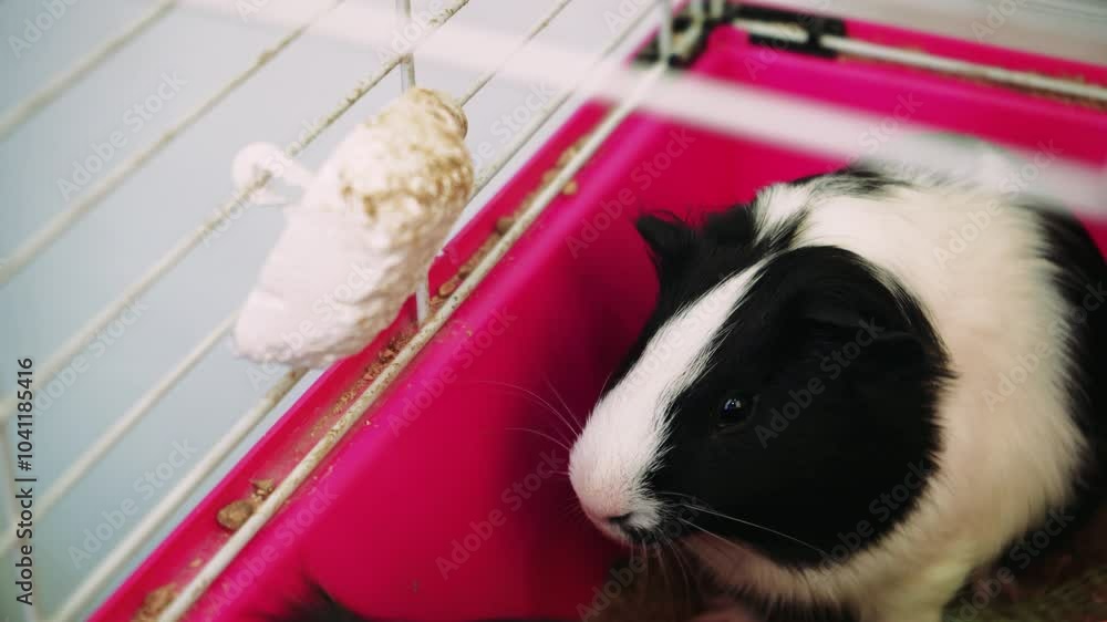 A black and white guinea pig curiously looks out from its pink cage. Perfect for pet care, guinea pig care, and home animal scenes. A black and white guinea pig curiously looks out from its pink cage. Perfect for pet care, guinea pig care, and home animal scenes.