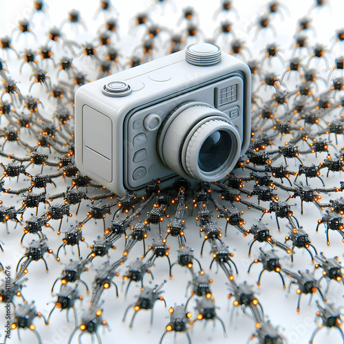 3D Nanobot Swarm Action Close Up Coordinating Bots Building Structure White Background Tech Innovation Icon photo