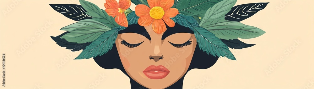 Big drug character, flower and leaf crown, minimal flat design