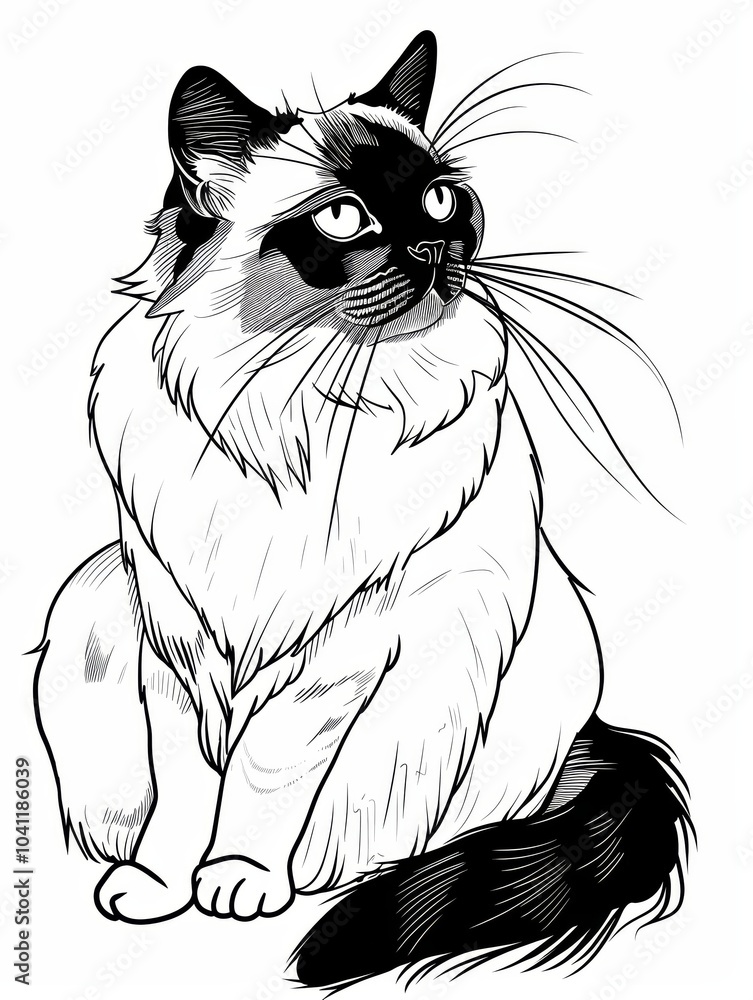 Black and White Illustration of a Siamese Cat Black and White Illustration of a Siamese Cat