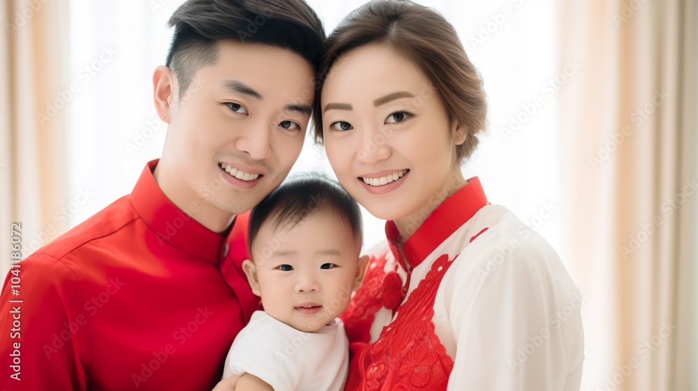 Asian Chinese Parents and kid in traditional red dress celebrating Chinese Lunar New Year festival at home Asian Chinese Parents and kid in traditional red dress celebrating Chinese Lunar New Year festival at home