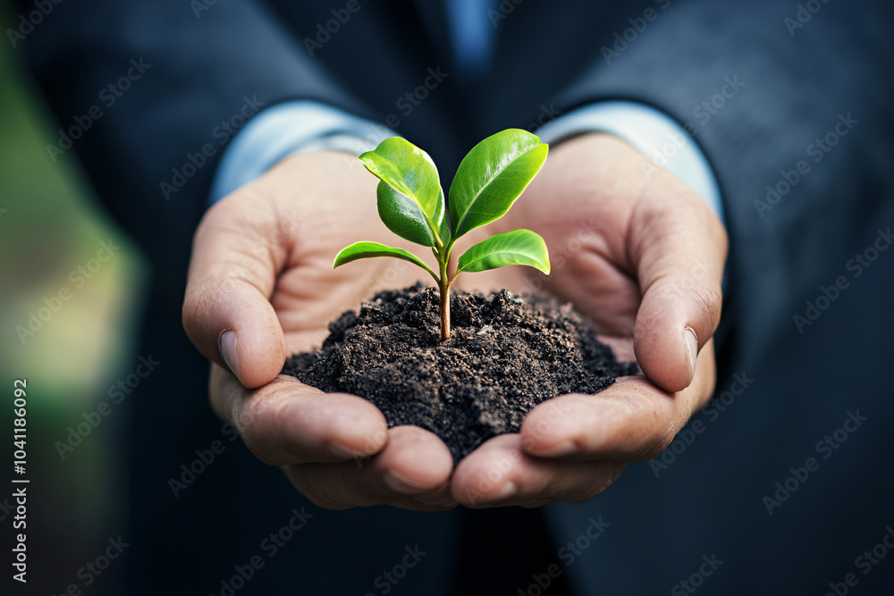 A businessman in a suit holds a small green plant growing in soil, symbolizing growth, sustainability, and environmental responsibility
A businessman in a suit holds a small green plant growing in soil, symbolizing growth, sustainability, and environmental responsibility