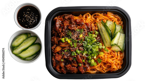 Korean jjajangmyeon with cucumber slices and sauce trio – culinary delight for food photography - transparent background png photo