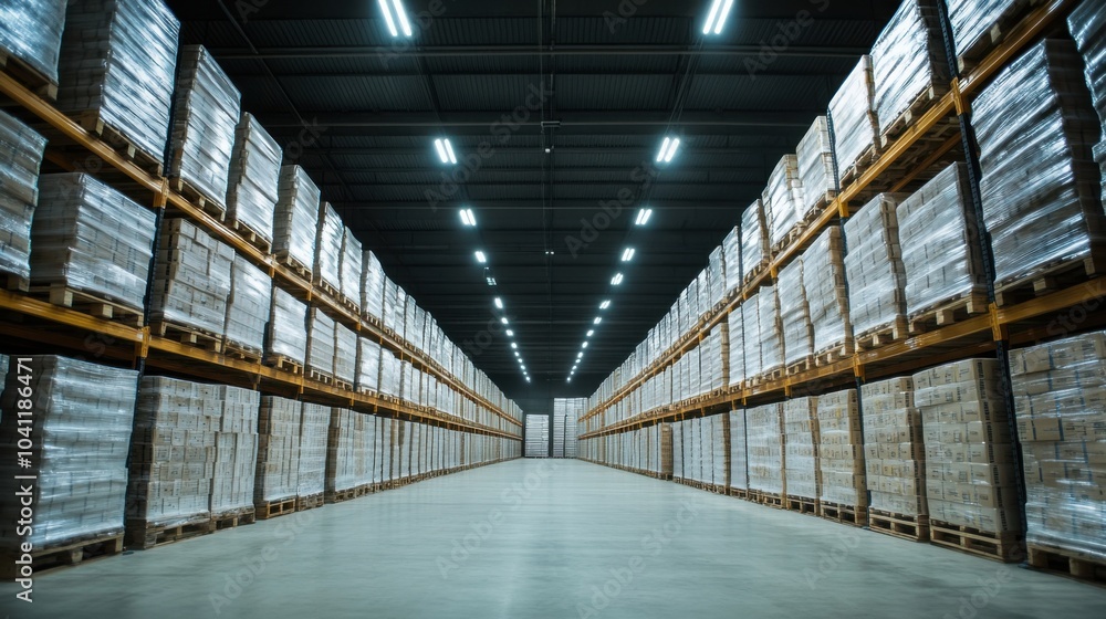 A modern warehouse facility stacked with products under bright fluorescent lights, symbolizing the efficiency of modern inventory management, photography style A modern warehouse facility stacked with products under bright fluorescent lights, symbolizing the efficiency of modern inventory management, photography style