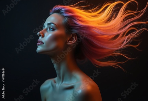 A woman's profile is adorned with flowing, colorful hair and ethereal flames, creating a mesmerizing visual against a dark backdrop