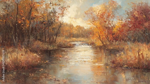 Autumn Serenity: A Richly Textured Oil Painting of a Forest Stream