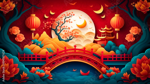 Chinese New Year Scene with Moon Bridge and Lanterns