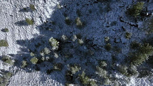 Drone push-in video showing the snowy forests of Mexico and revealing the majestic mountains of central Mexico, the Iztaccihuatl volcano in the background photo