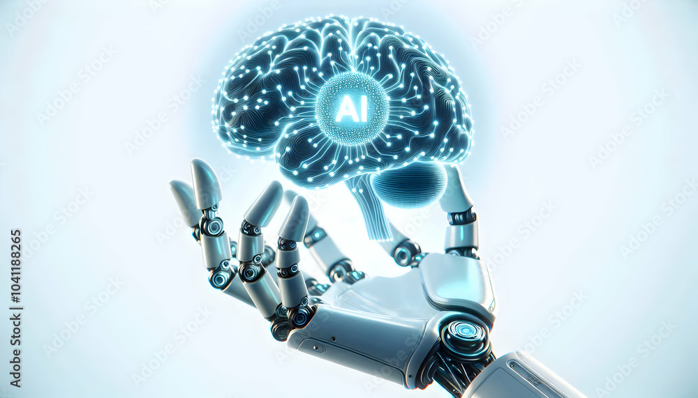 3D Macro Shot Robotic Hand Glowing AI Brain Icon Close-Up Precision Technology Development Holographic Symbol Mastery AI Growth Details Icon Isolated White Background 3D Macro Shot Robotic Hand Glowing AI Brain Icon Close-Up Precision Technology Development Holographic Symbol Mastery AI Growth Details Icon Isolated White Background