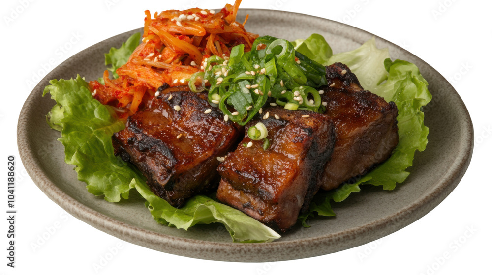 Korean cuisine delight: bossam boiled pork with kimchi and fresh garnish for culinary design - transparent background png Korean cuisine delight: bossam boiled pork with kimchi and fresh garnish for culinary design - transparent background png
