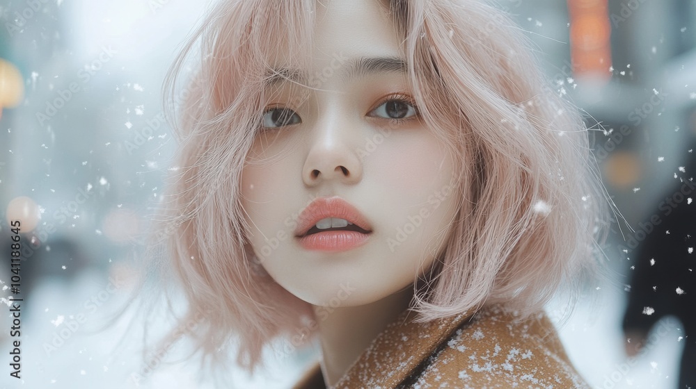 Young woman with pink hair in the snow, serene winter portrait. Young woman with pink hair in the snow, serene winter portrait.