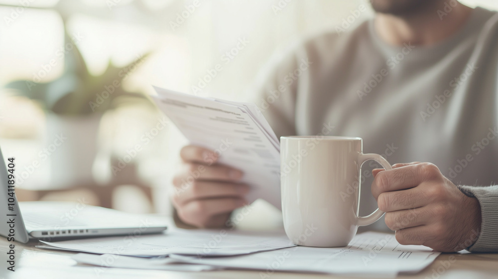 Stressed Person Organizing Tax Papers with Coffee Mug Stressed Person Organizing Tax Papers with Coffee Mug