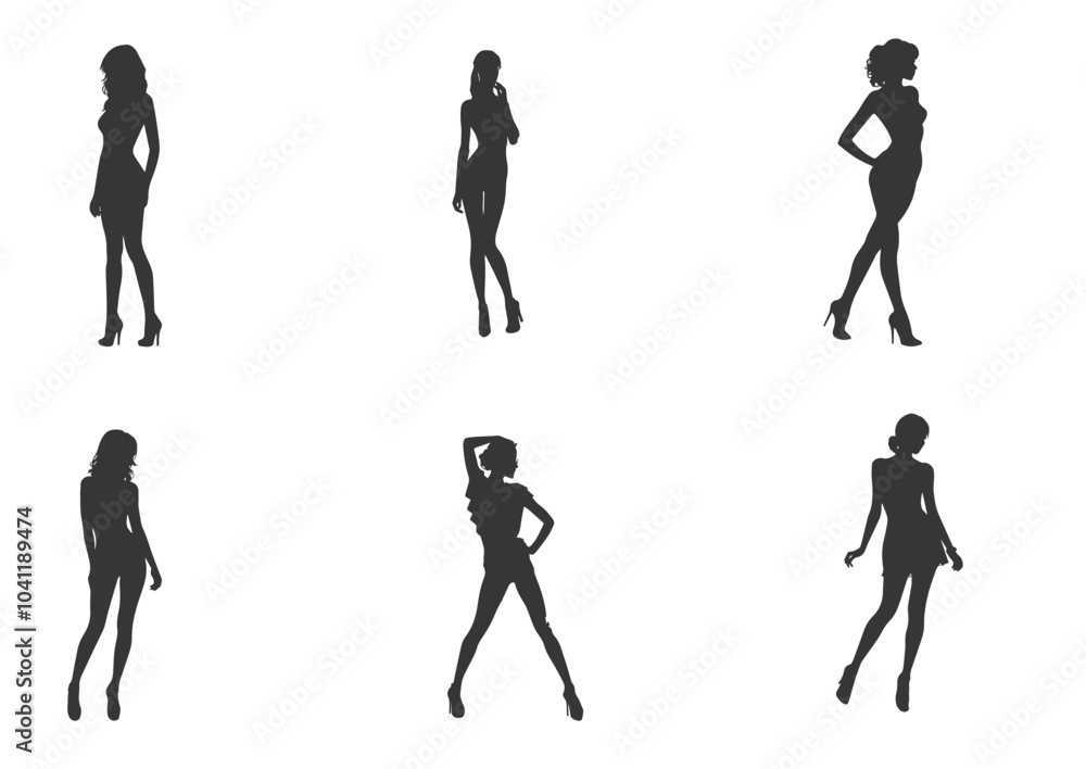 A collection of stylish female silhouettes, each captured in different elegant poses, portraying various fashion styles. A collection of stylish female silhouettes, each captured in different elegant poses, portraying various fashion styles.