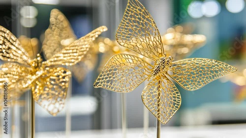 A close-up of a delicate golden butterfly sculpture, intricately designed with a lacy pattern, displayed on a stand in a shop window photo