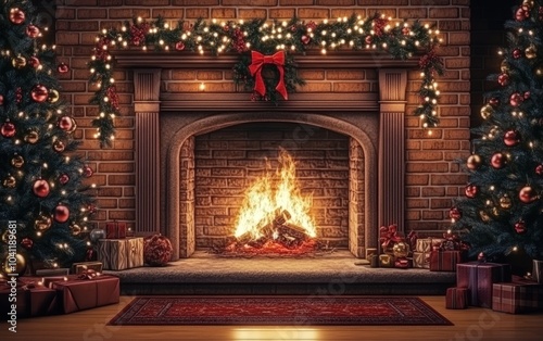 Wallpaper Mural cozy room fireplace christmass tree with decorations toys and lights  Torontodigital.ca