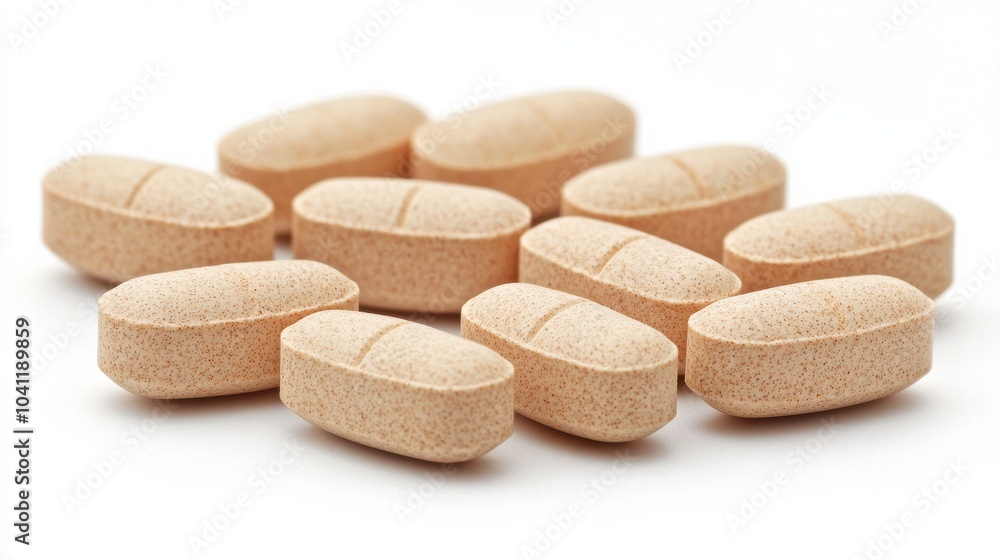 Various dietary supplements arranged on a white surface, highlighting their natural beige color and oval shape, suitable for health enthusiasts Various dietary supplements arranged on a white surface, highlighting their natural beige color and oval shape, suitable for health enthusiasts
