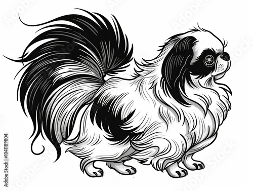 Pekingese Dog Illustration - Black and White Line Art