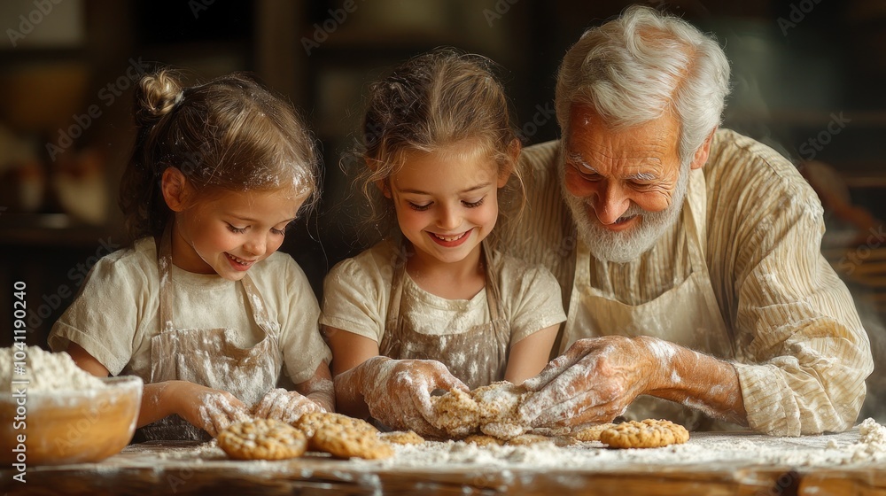 Grandfather and two girls baking cookies together in a cozy kitchen. Grandfather and two girls baking cookies together in a cozy kitchen.