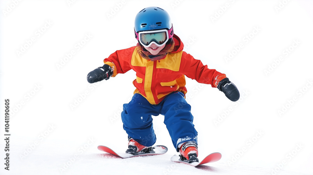 A child in a bright red and yellow winter suit, blue pants, and helmet snowboarding on a white background A child in a bright red and yellow winter suit, blue pants, and helmet snowboarding on a white background