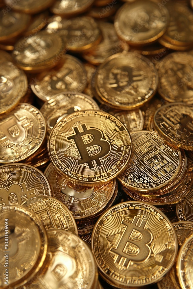 Close-up of a Pile of Shiny Gold Bitcoin Cryptocurrency Coins Close-up of a Pile of Shiny Gold Bitcoin Cryptocurrency Coins