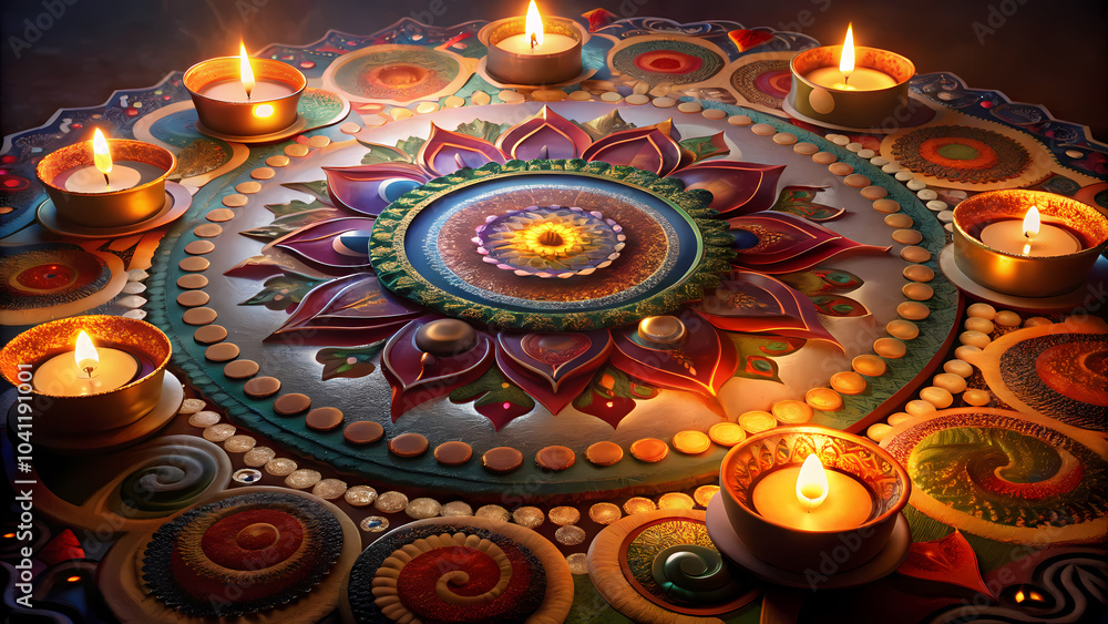 Diwali rangoli with glowing candles in vibrant colors. Diwali rangoli with glowing candles in vibrant colors.