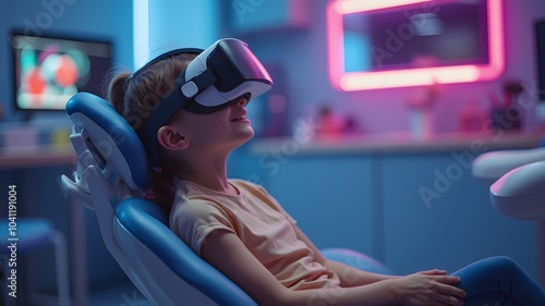 Teenager at the dentist in VR glasses