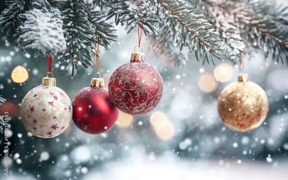 A close-up of Christmas ornaments, including red and gold baubles, hanging from a snow-dusted pine branch, with soft focus lights in the background A close-up of Christmas ornaments, including red and gold baubles, hanging from a snow-dusted pine branch, with soft focus lights in the background