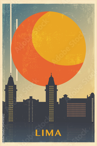 Lima retro city poster with abstract shapes of skyline, buildings. Peru capital vintage travel vector illustration, cityscape at sunrise, sunset