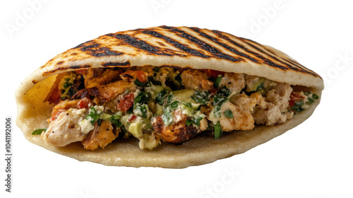 Authentic venezuelan arepa with grilled chicken and fresh ingredients - transparent background png
