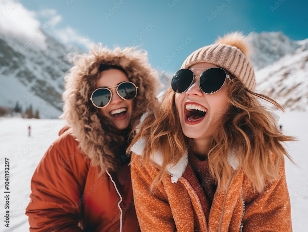 happy Friends enjoying snow on background of mountains. having fun spending winter vacation in mountains Travel in winter happy Friends enjoying snow on background of mountains. having fun spending winter vacation in mountains Travel in winter
