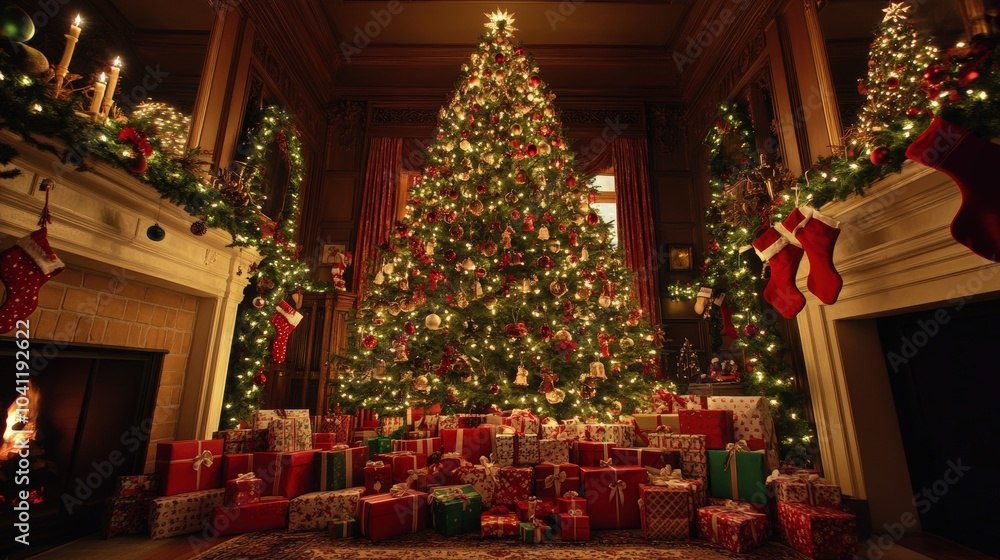 A grand, towering Christmas tree adorned with shimmering lights and ornaments, surrounded by an impressive mountain of beautifully wrapped gifts in every shape and size. A grand, towering Christmas tree adorned with shimmering lights and ornaments, surrounded by an impressive mountain of beautifully wrapped gifts in every shape and size.