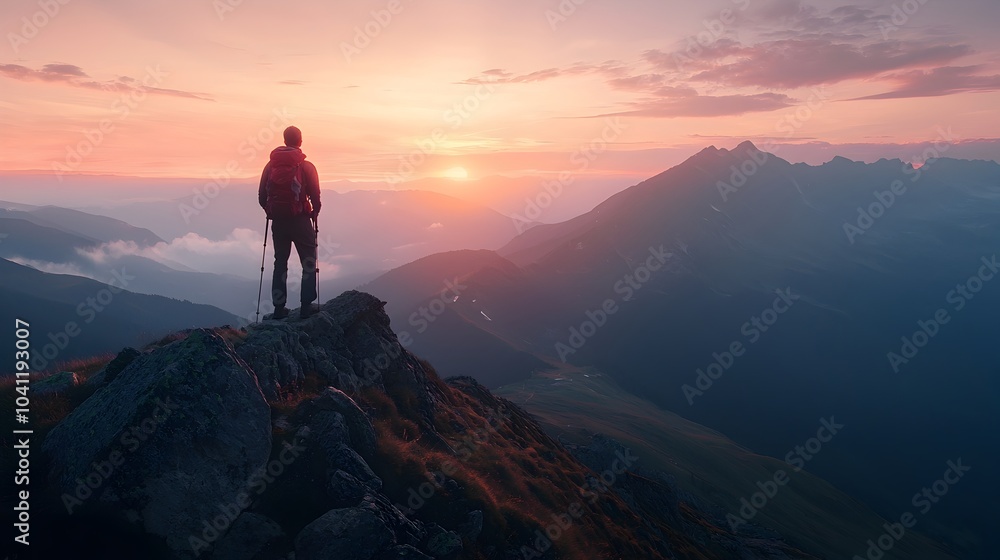 Hiker Enjoys the Majestic Sunrise from the Peak of a Mountain Symbolizing the Rewards of Early Morning Adventures Hiker Enjoys the Majestic Sunrise from the Peak of a Mountain Symbolizing the Rewards of Early Morning Adventures