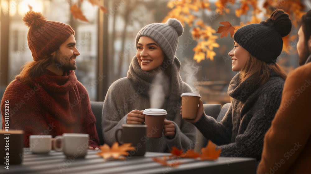 Portrait of group peaceful cheerful fellows hold hot drink cup have good mood autumn magic outside Portrait of group peaceful cheerful fellows hold hot drink cup have good mood autumn magic outside