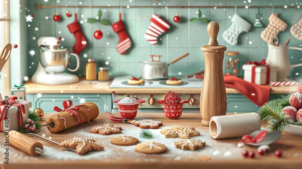 Cozy Holiday Baking Scene with Festive Treats and Decorations Cozy Holiday Baking Scene with Festive Treats and Decorations