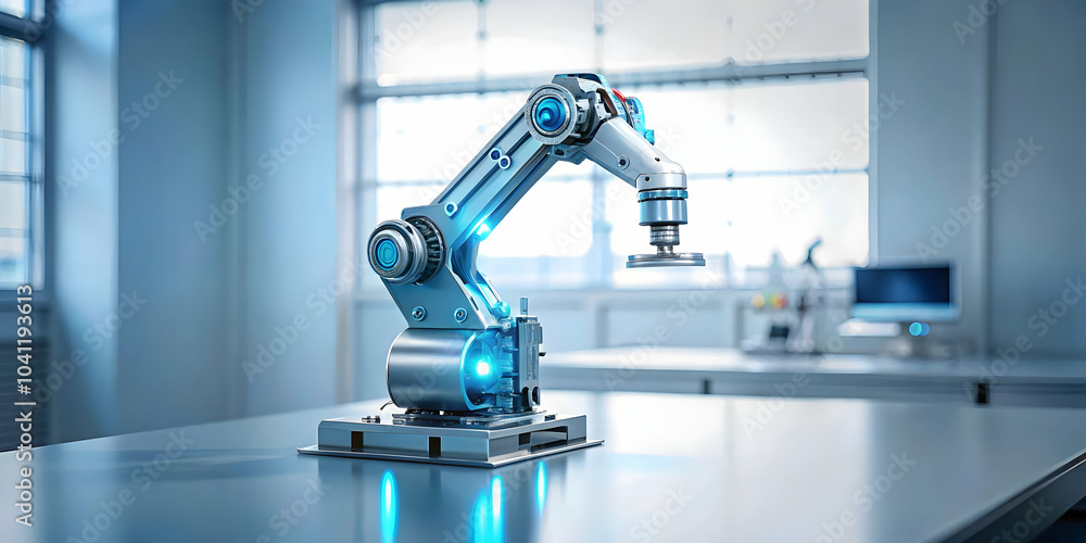Glossy AI Powered Robotic Arm in High Tech Manufacturing Plant | Precision Automation Image with Copy Space for Branding | Modern Industrial Technology Concept | Stock Photo Glossy AI Powered Robotic Arm in High Tech Manufacturing Plant | Precision Automation Image with Copy Space for Branding | Modern Industrial Technology Concept | Stock Photo