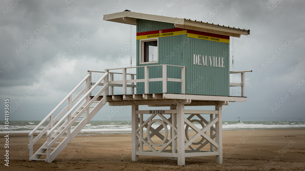 Lifeguard tower in Deauville beach, Normandy in France on September 2024 Lifeguard tower in Deauville beach, Normandy in France on September 2024