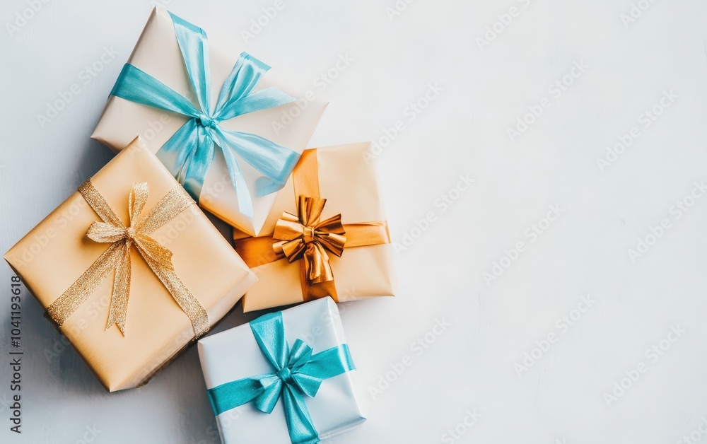 Beautifully wrapped Christmas presents with colorful ribbons and bows, stacked neatly. Beautifully wrapped Christmas presents with colorful ribbons and bows, stacked neatly.