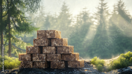 Kindling briquettes against the backdrop of the morning forest. Caring for the environment. Heating photo