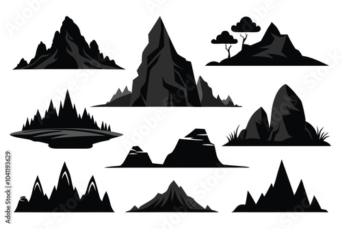 Set of rock, hill, mountain silhouettes landscape on White Background