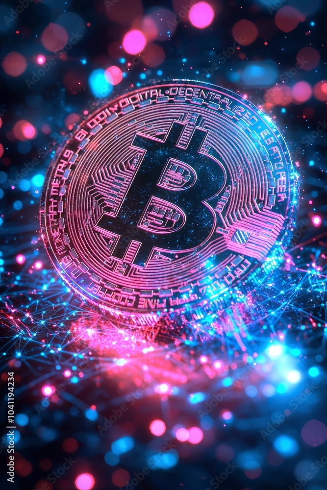 A Bitcoin Coin with Glowing Pink and Blue Lights A Bitcoin Coin with Glowing Pink and Blue Lights