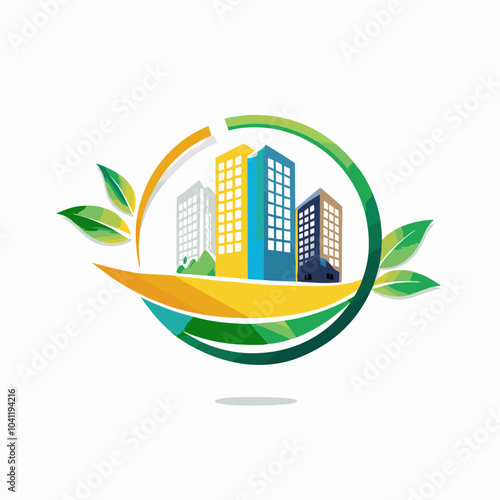 Stylized logo depicting green buildings and leaves symbolizing sustainability and eco-friendly development
