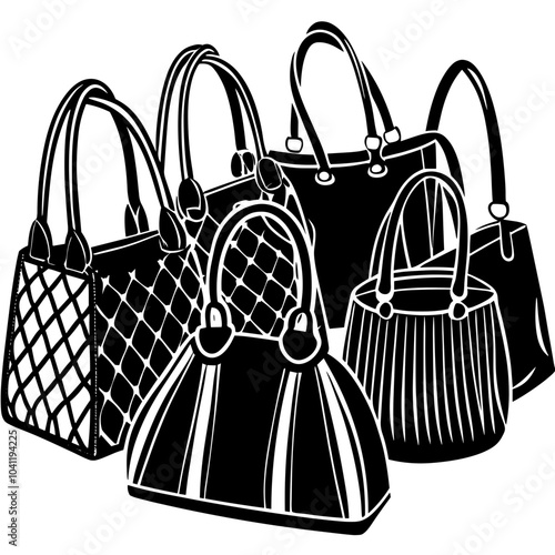 Stylized illustration of various fashionable handbags in a minimalist black and white design