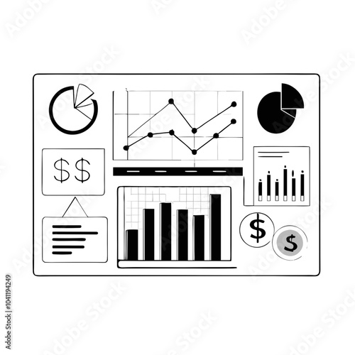 Stylized infographic featuring charts, graphs, and data analytics in a black and white design