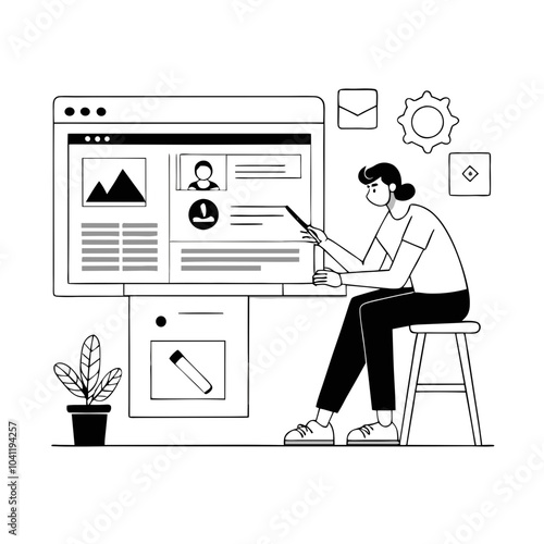 Illustration of a person working on a computer designing a webpage or creating content in a minimalist style