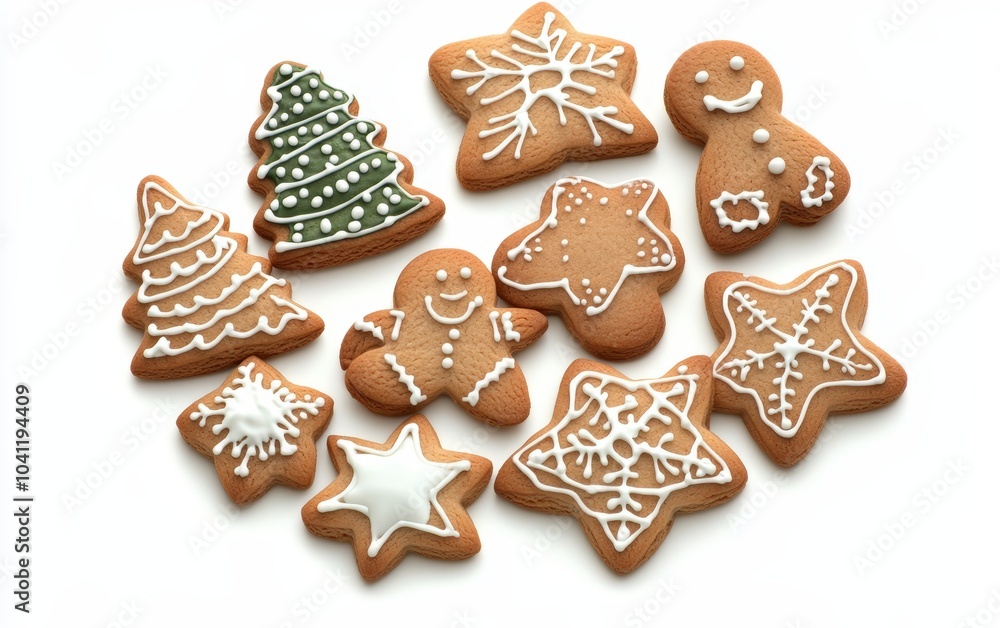 Christmas cookies in various festive shapes like stars, trees, and gingerbread men. Professional stock photo on white background Christmas cookies in various festive shapes like stars, trees, and gingerbread men. Professional stock photo on white background