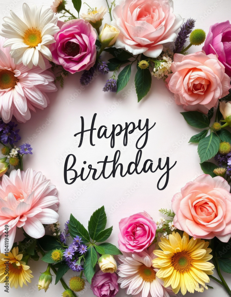 birthday card with flowers, happy birthday inscription in flowers birthday card with flowers, happy birthday inscription in flowers