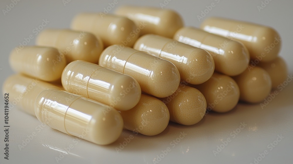 Composition of various beige capsules stacked on a flat surface, highlighting their shape and texture under soft lighting Composition of various beige capsules stacked on a flat surface, highlighting their shape and texture under soft lighting